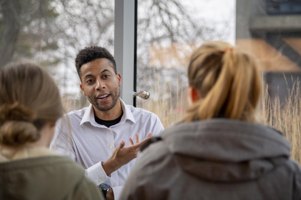 A recruiter speaks to Carthage students during a Pre-Health Fair. The Aspire Network provides Car...